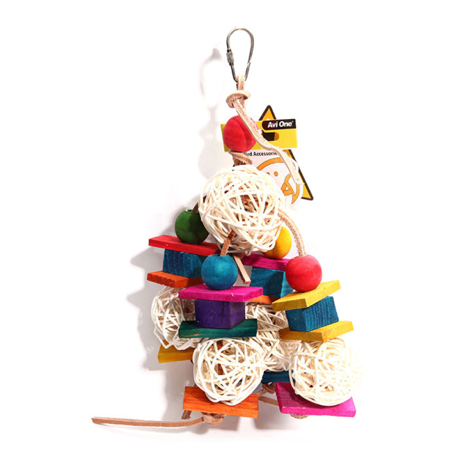 Avi One Leather Rope With Rattan Ball And Coloured Wood Block Bird Toy 57cm, hanging bird toys, pet essentials warehouse