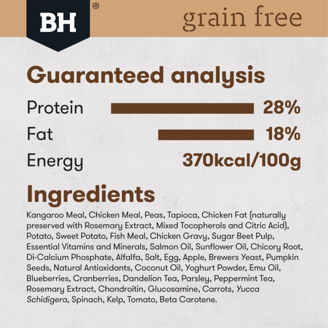 Black Hawk Grain Free Adult Kangaroo Dry Dog Food, Guarantee analysis, Pet Essentials Warehouse
