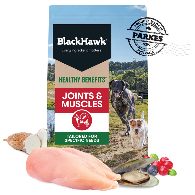 Black Hawk Healthy Benefits Joints & Muscles Dog Food with chicken 12kg bag, pet essentials warehouse