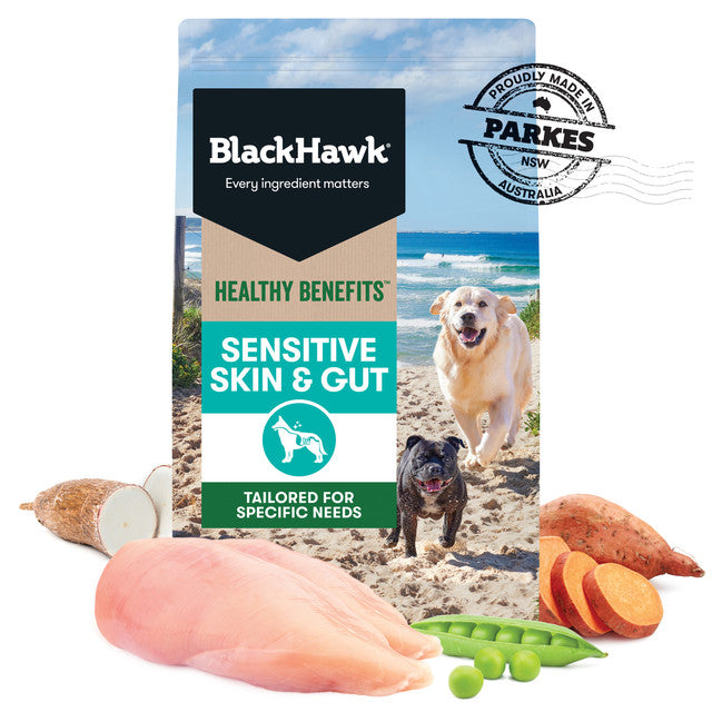 Black Hawk Healthy Benefits Sensitive Skin & Gut Dry Dog Food 10kg bag, pet essentials warehouse