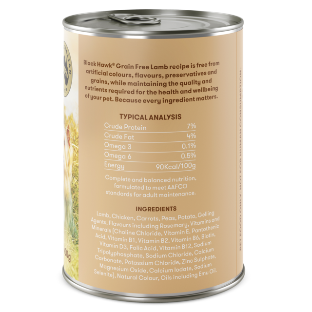 Black Hawk Grain Free Adult Lamb Canned 400g back of packaging, pet essentials warehouse