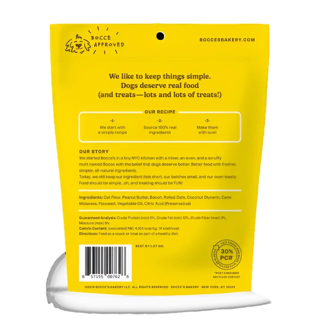 Bocce's Bac'n Nutty Soft & Chewy Dog Treats, Back of bag, Bocces dog treats, Treats for dogs, Pet Essentials Warehouse