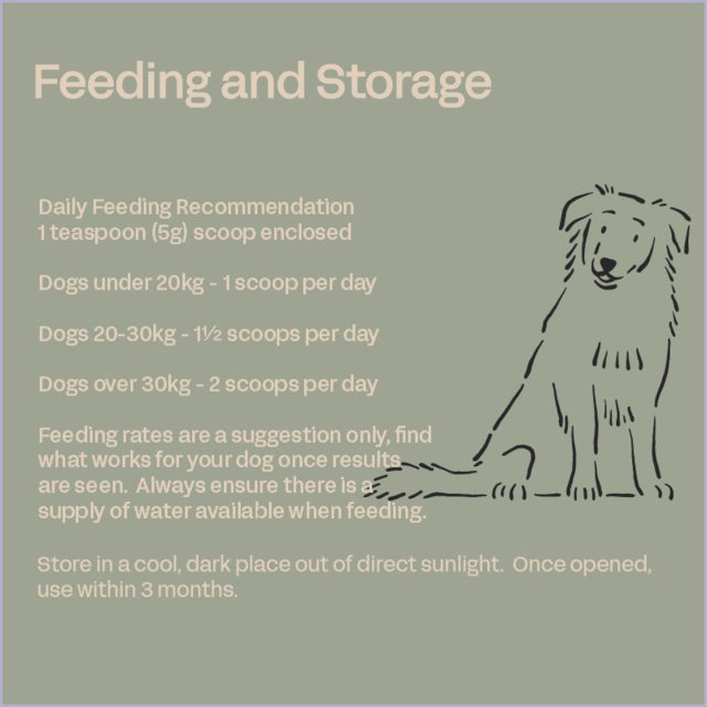 feeding guide and storage for Fourflax Multivits Nutritional Powder Supplement for Dogs