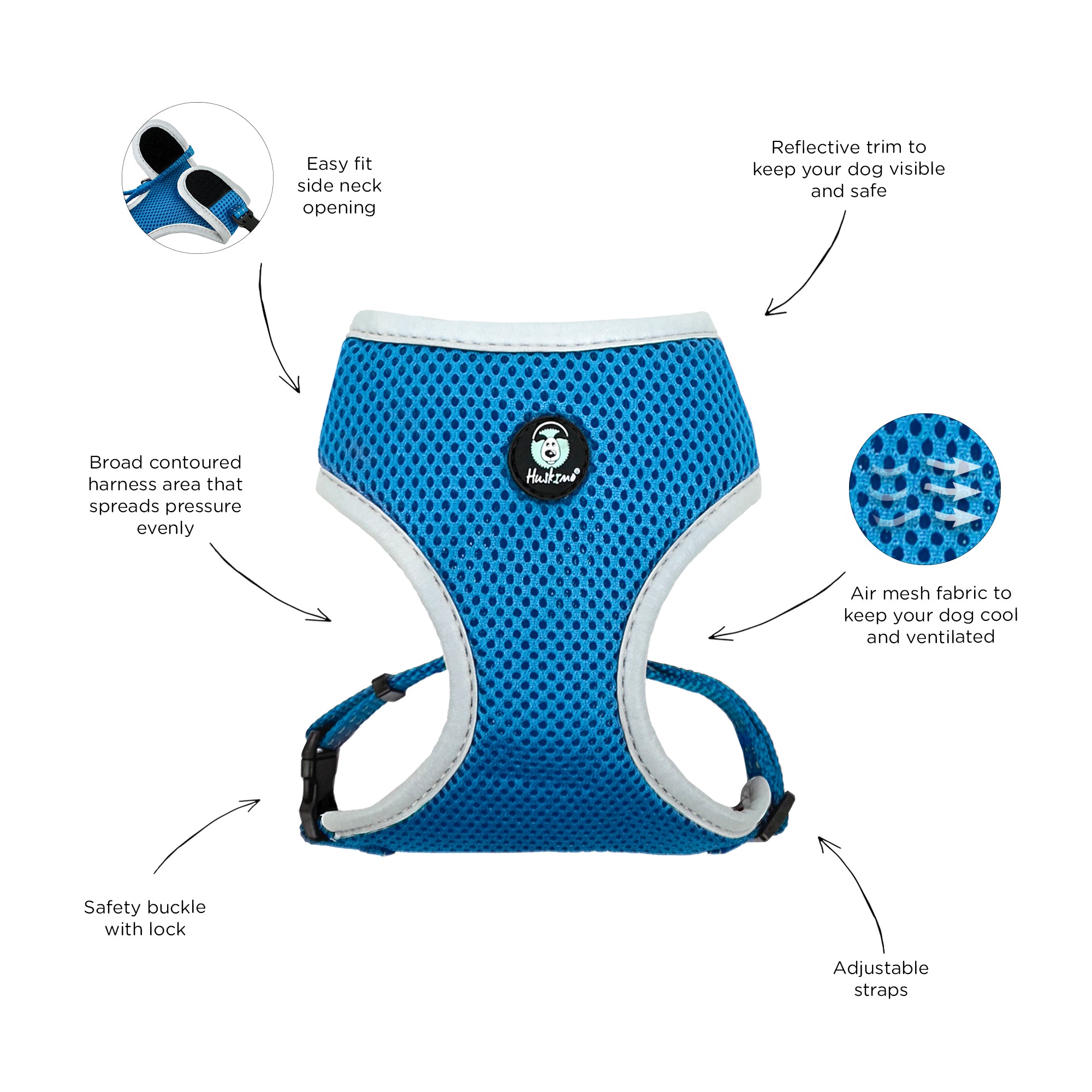 Huskimo Harness Easyfit Bells Beach, Bells beach harness, Blue Harness, easy to fit, mesh to keep dogs cool, Adjustable straps, Pet Essentials Warehouse
