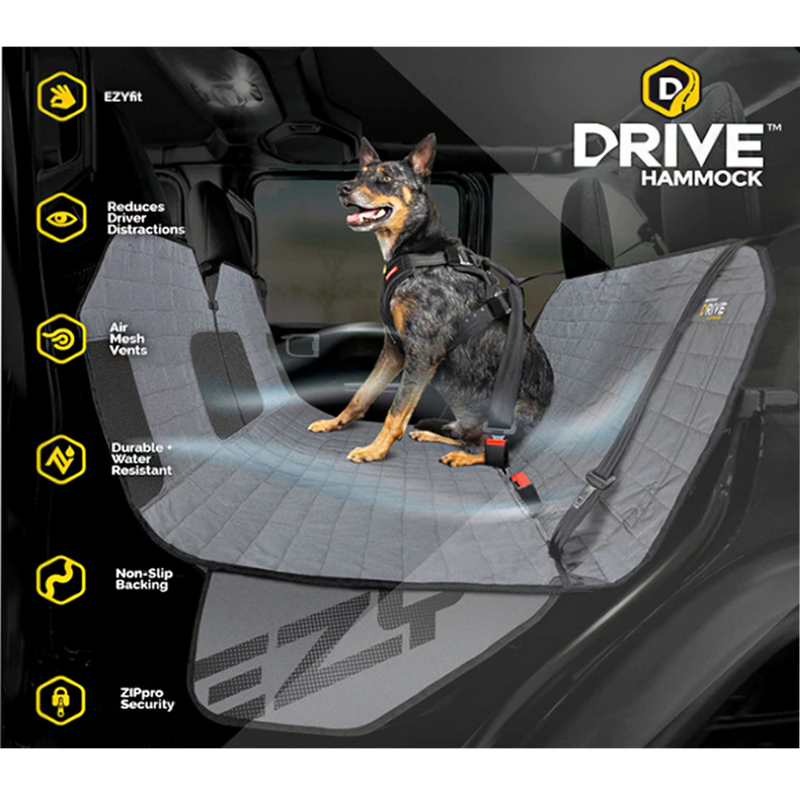 EzyDog Drive Hammock Car Seat Cover with a dog, features of ezydog car seat cover, pet essentials warehouse