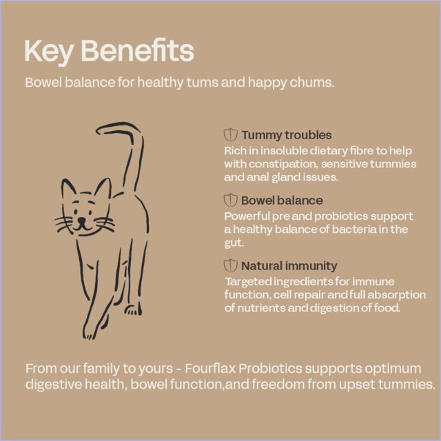Fourflax Probiotics for Cats, Heathy tummies for cats, Probiotics for cats, balance for cats, bowel balance for cats, Pet Essentials Warehouse, Poster key benefits