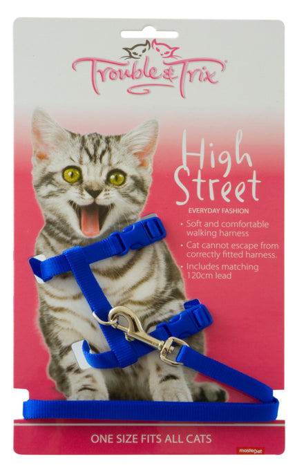 Trouble & Trix High Street Cat Harness & Lead Set Blue, Cat Harnesses, Harness and lead set for cats, Pet Essentials Warehouse