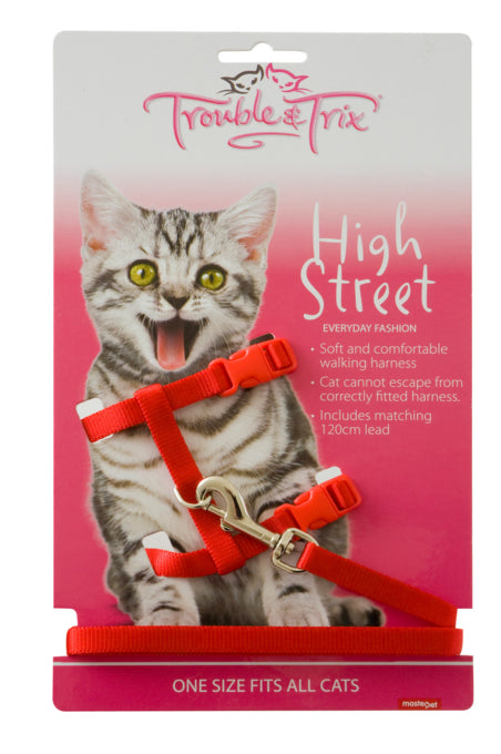 Trouble & Trix High Street Cat Harness & Lead Set Red, Cat Harness, Harness for cats, High Street Harness, Pet Essentials Warehouse