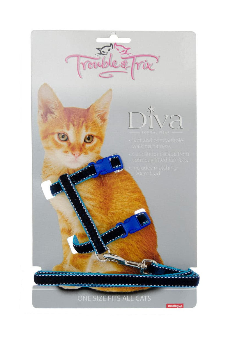 Trouble & Trix Velvet Stitched Cat Harness & Lead Set Blue, Pet Essentials Warehouse, Pet City
