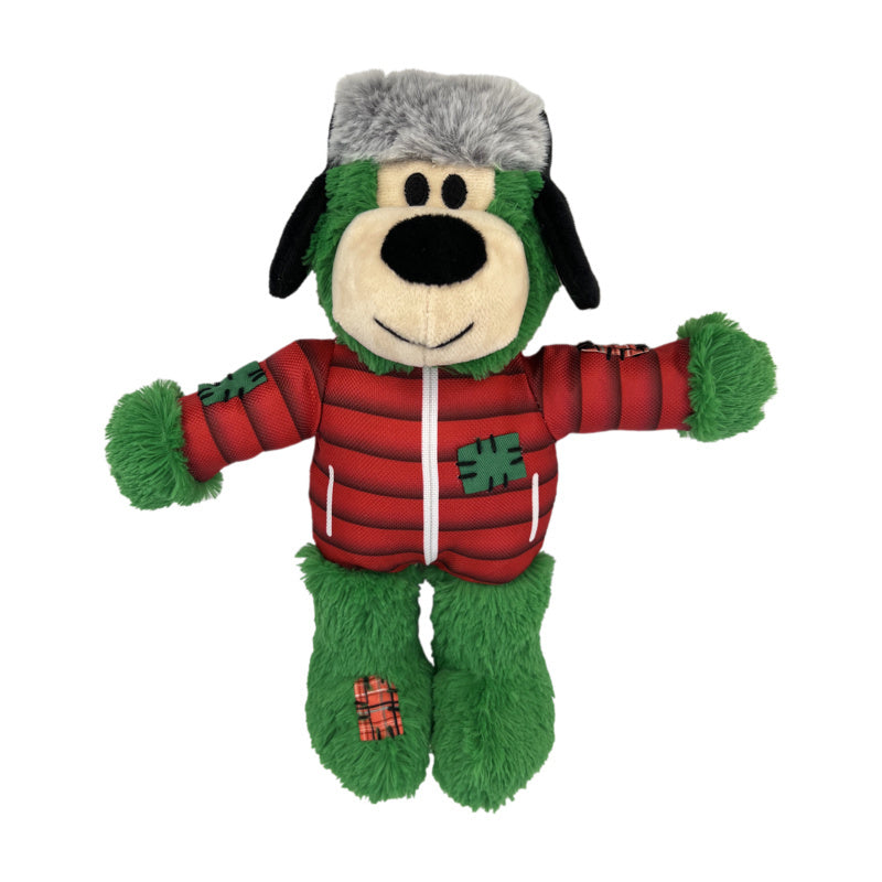 Kong Christmas Holiday Wild Knots Bear Snuggle Plush green bear, pet essentials warehouse,