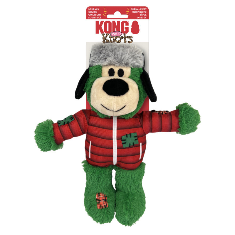 Kong Christmas Holiday Wild Knots Bear Snuggle Plush green bear with kong wild knots logo, pet essentials warehouse
