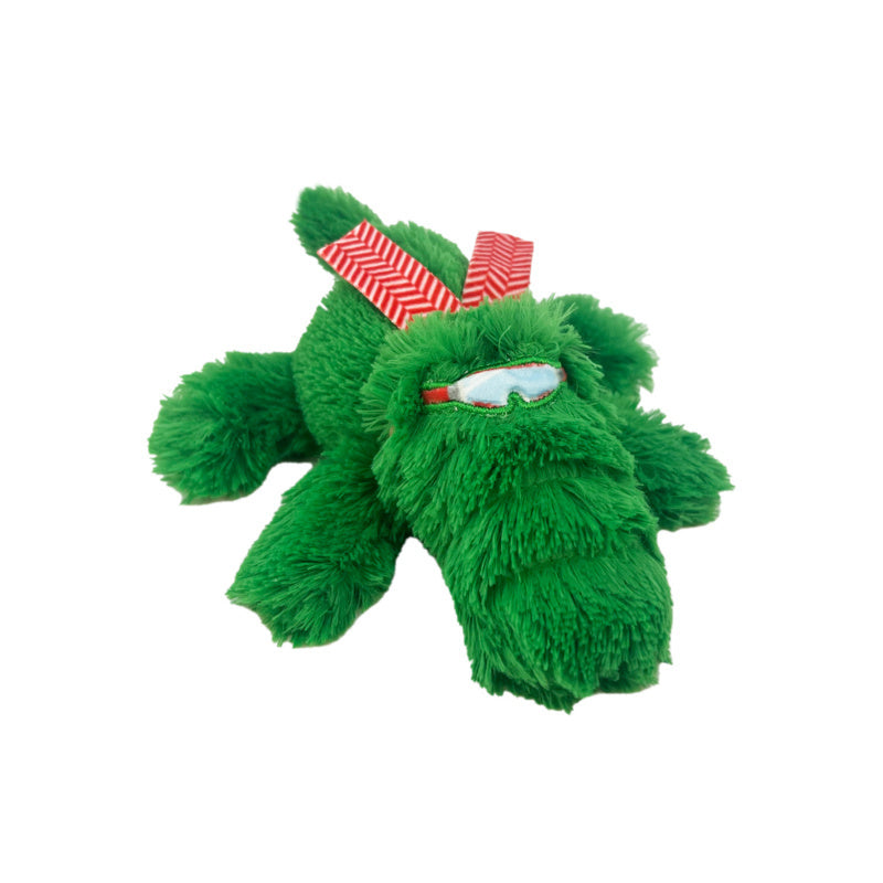 Kong Christmas Holiday Alligator Snuggle Plush wearing goggle, pet essentials warehouse