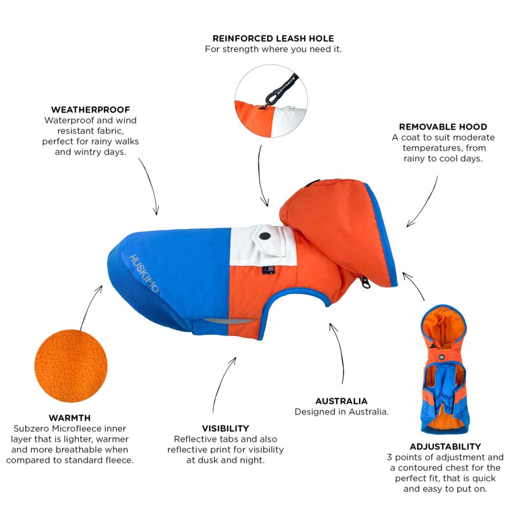 Huskimo Snow Parka Orange Dog Coat, Poster for huskimo dog caots, Adjusatble dog coats, Pockets on dog coats, Removeable hood, Pet Essentials Warehouse
