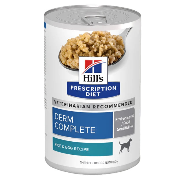 Hill's Prescription Diet Derm Complete Environmental / Food Sensitivities Wet Dog Food, Hills dog food, Derma dog food, Sensitive skin and stomach cans, Pet Essentials Warehouse