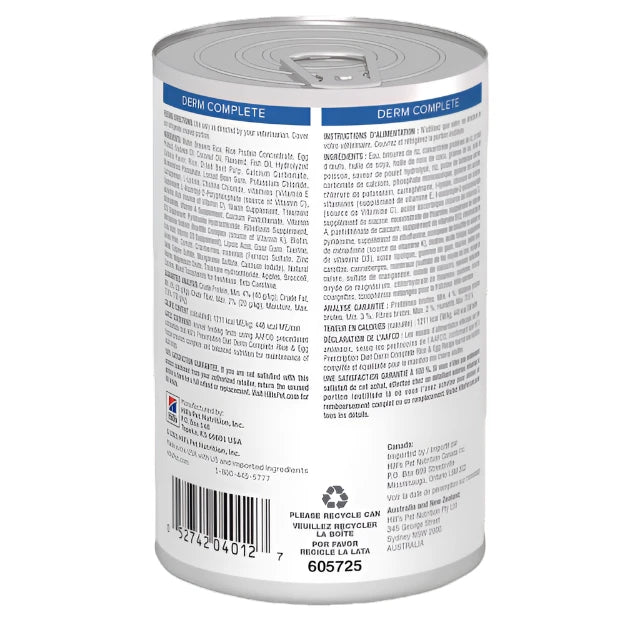 Hill's Prescription Diet Derm Complete Environmental / Food Sensitivities Wet Dog Food, Back of can, Pet Essentials Warehouse