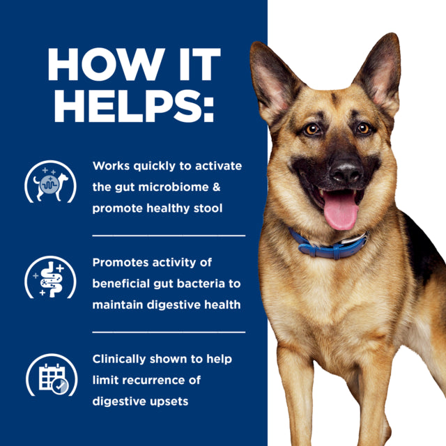 Hill's Prescription Diet Gastrointestinal Biome Digestive Fibre Care Dry Dog Food, How it helps, helps reduce digestive upsets, Hills Poster, Pet Essentials Warehouse