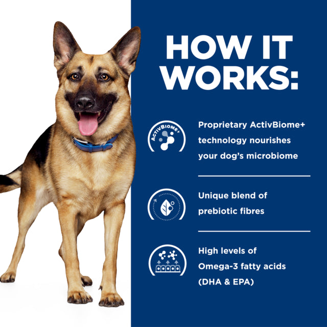 Hill's Prescription Diet Gastrointestinal Biome Digestive Fibre Care Dry Dog Food, How it works, Hills vet diet, Pet Essentials Warehouse