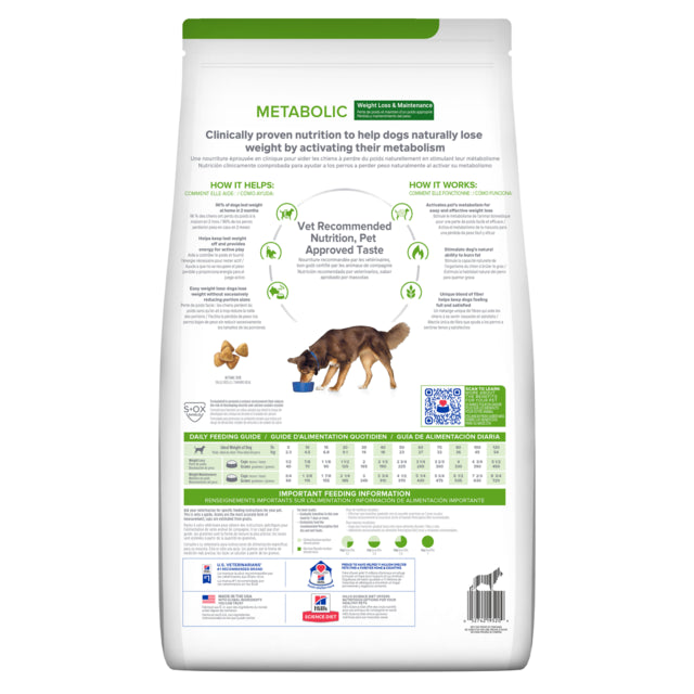 Hill's Prescription Diet Metabolic Weight Loss & Maintenance Dry Dog Food back of bag, Metabolic dog food, weight loss food for dogs, Pet Essentials Warehouse