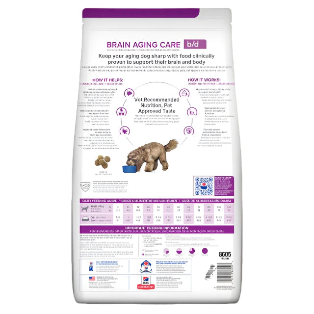 Hill's Prescription Diet b/d Brain Ageing Care Dry Dog Food, back of the bag, Aging dog food, Senior dog food, Barcode, Pet Essentials Warehouse