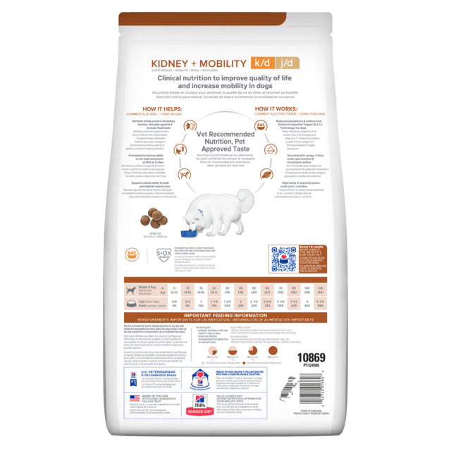 Hill's Prescription Diet k/d j/d Kidney + Mobility Dry Dog Food, Back of bag, Barcode, K/D pet food, Mobility dog food, Pet Essentials Warehouse