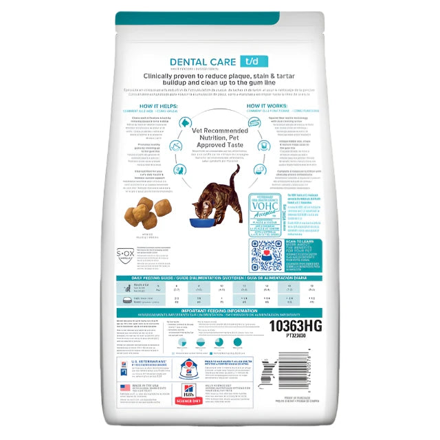 Hill's Prescription Diet t/d Dental Care Dry Cat Food, Barcode, Back of bag, pet Essentials Warehouse