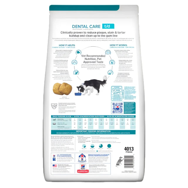Hill's Prescription Diet t/d Dental Care Dry Dog Food back of bag, Dental dog food, food for dental, T/D, Pet Essentials Warehouse