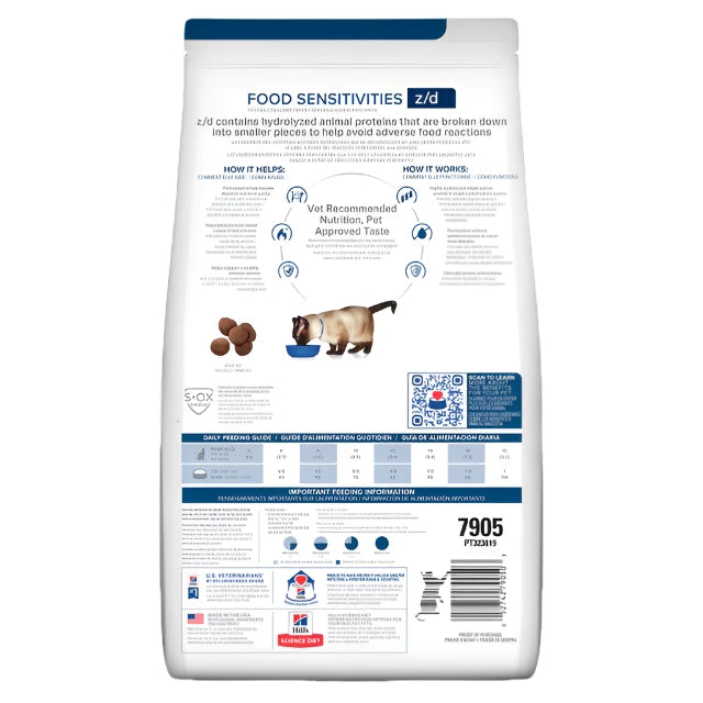 Hill's Prescription Diet z/d Food Sensitivities Dry Cat Food, Barcode, Back of food, Pet Essentials Warehouse