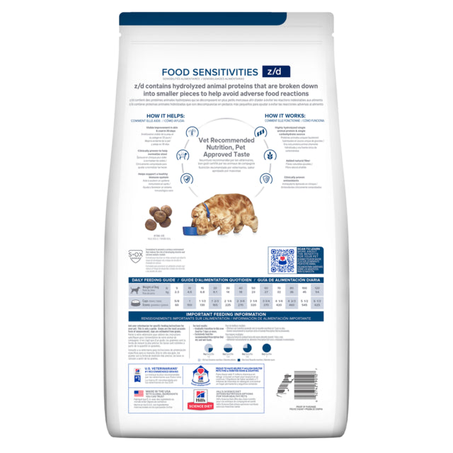 Hill's Prescription Diet z/d Food Sensitivities Dry Dog Food back of bag, Food Sensitivities for dogs, z/d dog food, Hills dog food, Pet Essentials Warehouse