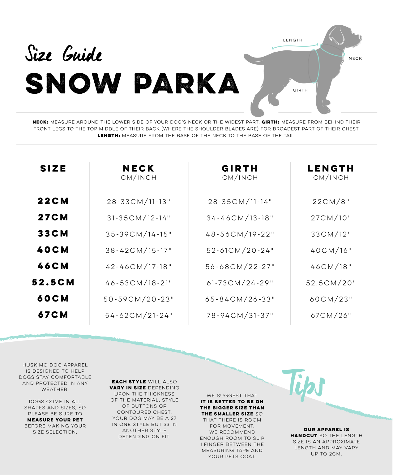 Huskimo Snow Parka Hot Pink Dog Coat, Huskimo Size Guide for coats, Pet Essentials Warehouse