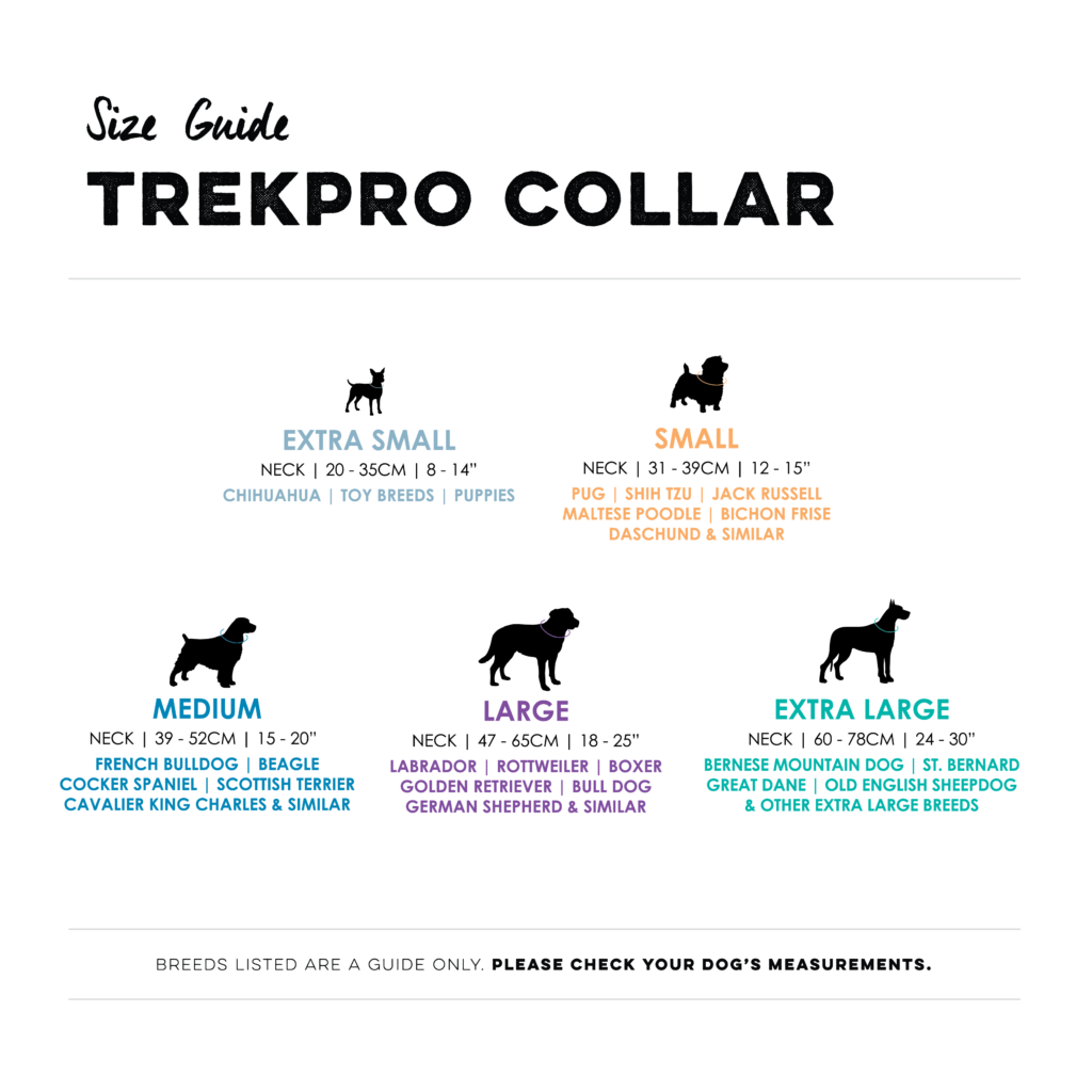 Huskimo Trekpro Dog Collar Bells Beach, Size Chart, Pet Essentials Warehouse