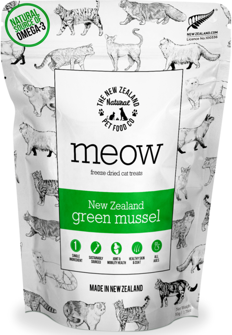 Meow Freeze Dried Green Lipped Mussel Cat Treats, Meow pet treats, cat treats, Natural cat treats, Pet Essentials Warehouse