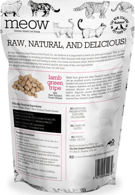 Meow Freeze Dried Green Tripe & Mussel Cat Treat, Barcode, Natural pet treats, pet essentials warehouse