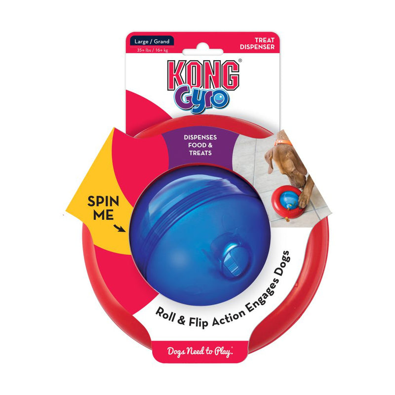Kong Gyro Ball Dog Toy in packaging, enrichment treat dispensing kong toys, pet essentials warehouse