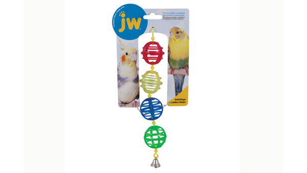 JW ActiviToy Lattice Chain, Budgie on packaging JW ActiviToy Lattice Chain, pet essentials warehosue