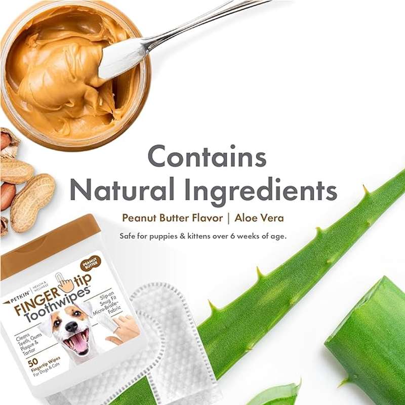 Petkin Fingertip tooth wipes Peanut Butter, Natural ingredients, Poster for dental for dogs, Pet Essentials Warehouse 
