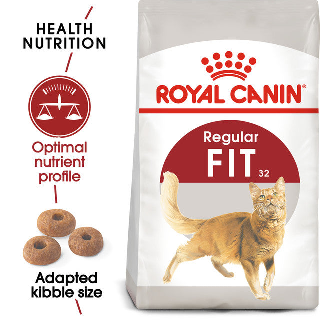 Royal Canin Fit 32 Dry Cat Food with kibble size poster, pet essentials warehouse,