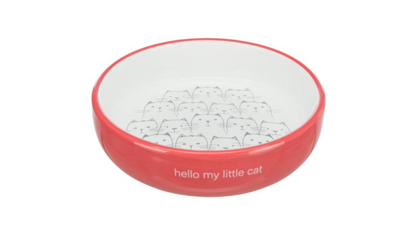 Trixie Ceramic Cat Dish for Short-Nosed Breeds, pink cat bowl, cat bowl with "hello my little cat", Pet Essentials warehouse