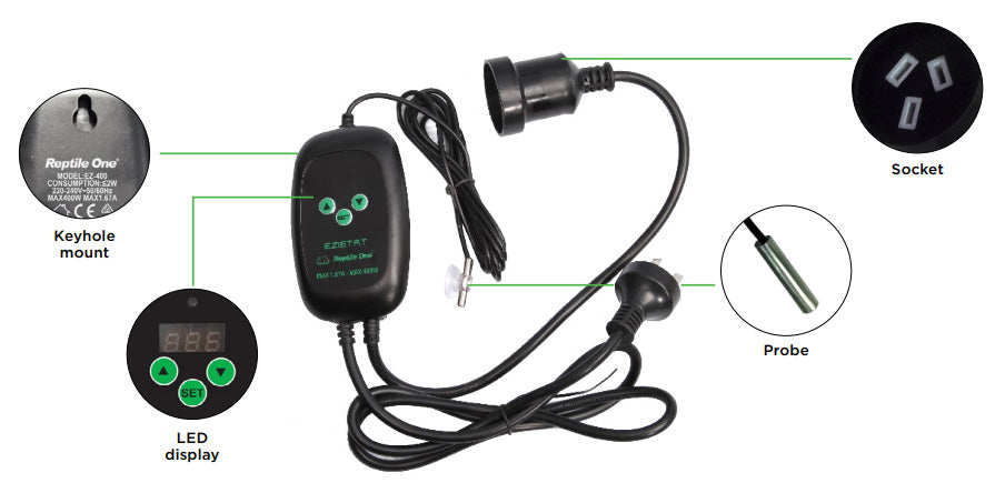 Reptile One EziStat Thermostat with AU power plug, LED Display, pet essentials warehouse