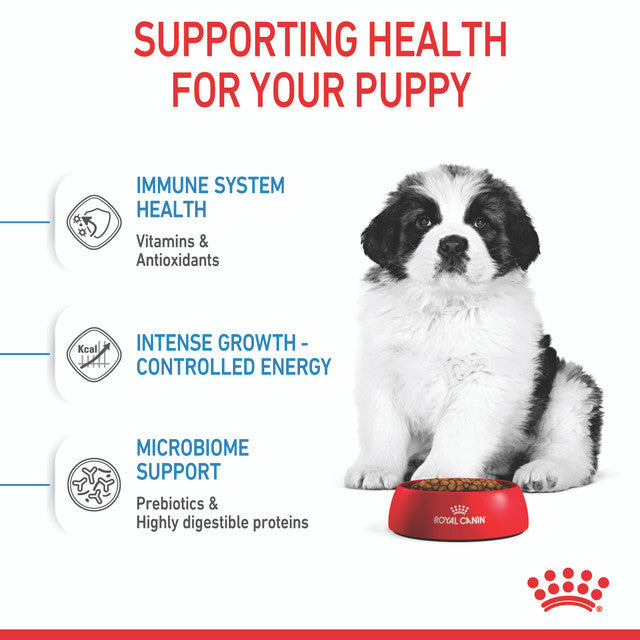 Royal Canin Giant Puppy microbiome support poster, pet essentials warehouse