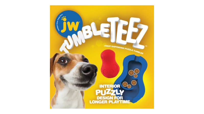 JW Tumble Teez Dog toy poster, pet essentials warehouse