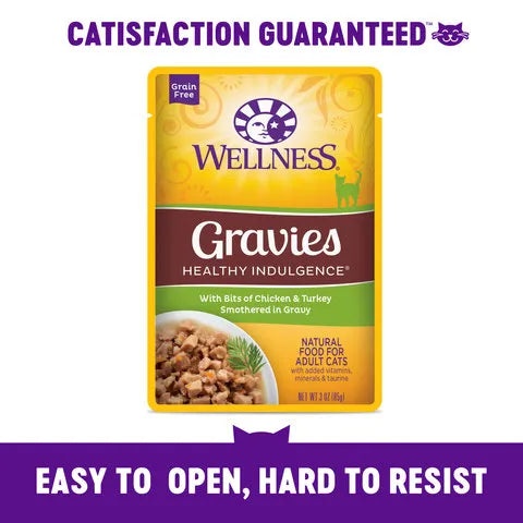 Wellness Cat Healthy Indulgence Gravies Chicken & Turkey Gravy Cat Wet Food, Easy to open cat food, food for cats, Pet Essentials Warehouse