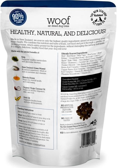 Woof Air Dried Beef Dog Treats, Barcode, woof back of bag, Natural dog treats, Pet Essentials Warehouse