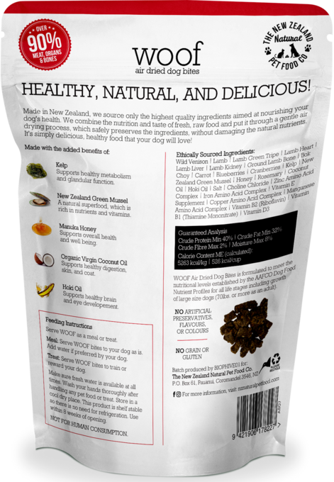 Woof Venison Air Dried Dog Food, Barcode, Back of packaging, Pet Essentials Warehouse