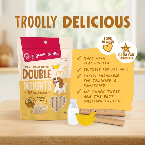  Yours Droolly Double Delights Milk & Banana Poster, Easy to feed treats, Pet Essentials Warehouse