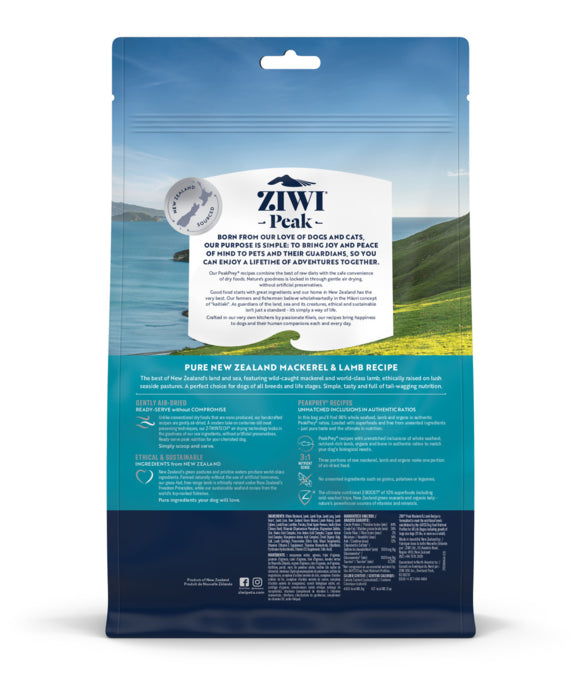 Ziwi Mackerel & Lamb Air Dried Dog Food, Mackerel and lamb, Dog food, All breeds and sizes dog food, Pure Newzealand dog food, Newzealand sourced dog food, Pet Essentials Warheouse, Back of packaging