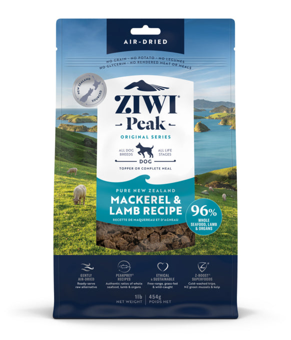 Ziwi Mackerel & Lamb Air Dried Dog Food, Mackerel and lamb, Dog food, All breeds and sizes dog food, Pure Newzealand dog food, Newzealand sourced dog food, Pet Essentials Warheouse