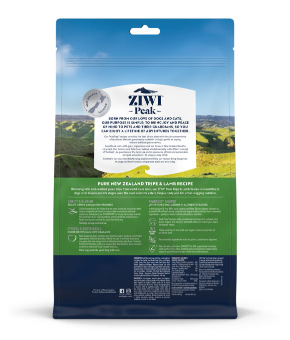ZiwiPeak Dog Air Dried Tripe & Lamb, Lamb and tripe dog food, Ziwipeak dog food, Lamb dog food, NewZealand Made, Newzealand lamb and tripe, Pet Essentials Warehouse, back of packaging