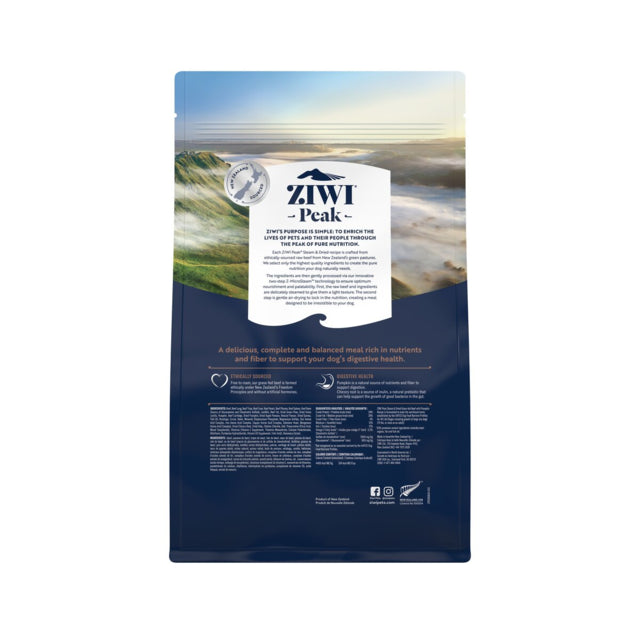 ZIWI Beef Steam & Dried Dog Food, Back of bag, Ziwi peak kibble for dogs, nz made, Pet Essentials Warehouse
