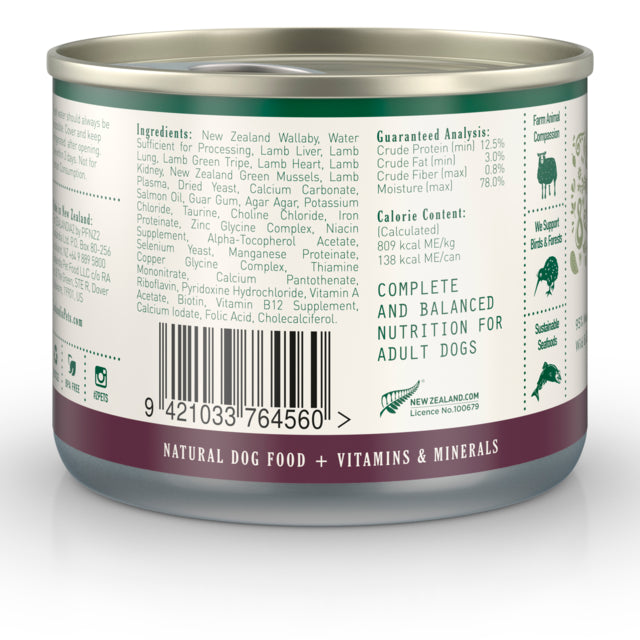Zealandia Wallaby Pate Wet Dog Food, Barcode, Nz made dog food, complete and balanced dog food, New Zealand Made, Pet Essentials Warehouse