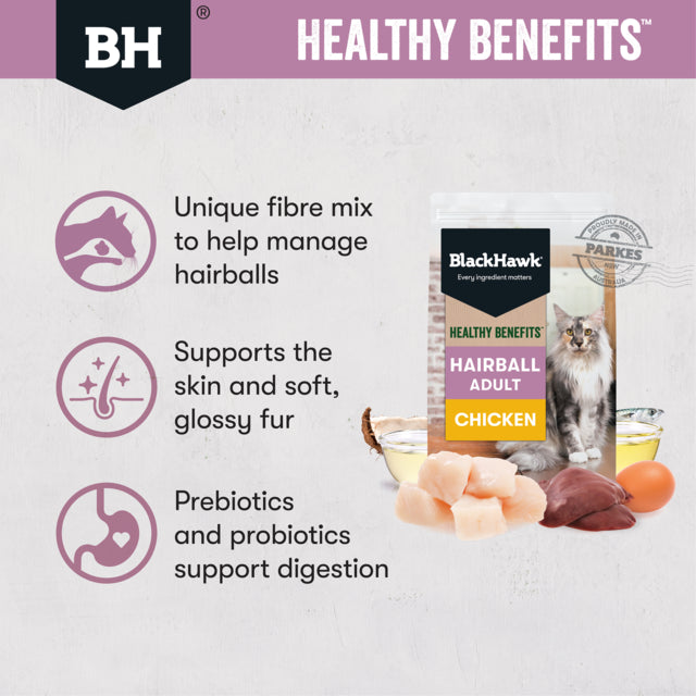 Black Hawk Healthy Benefits Adult Hairball Chicken Dry Cat Food, Supports Skin and Coat Care in Cats, Poster, Pet Essentials Warehouse